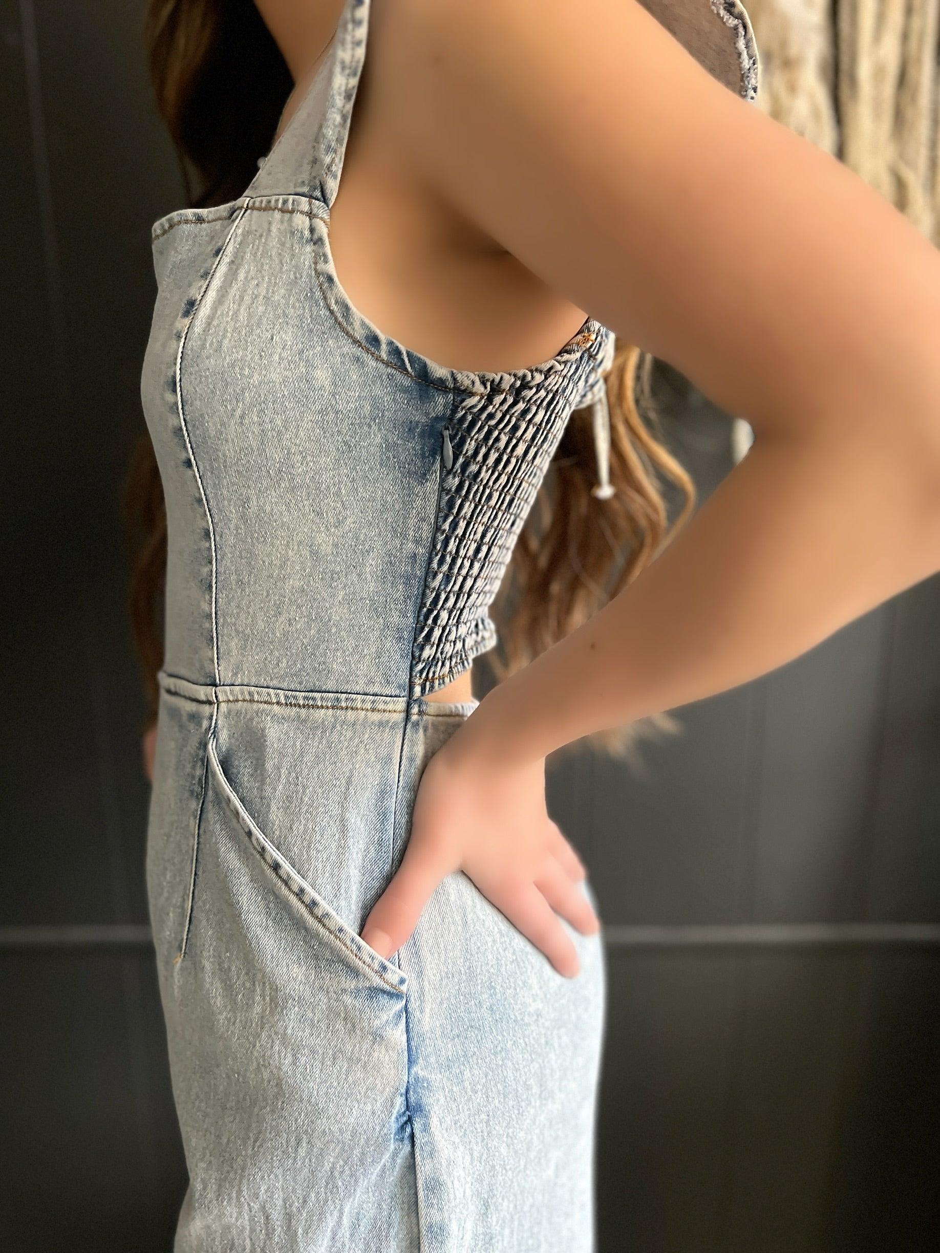Ruffled Denim Open Smocked Back Jumpsuit Product Image