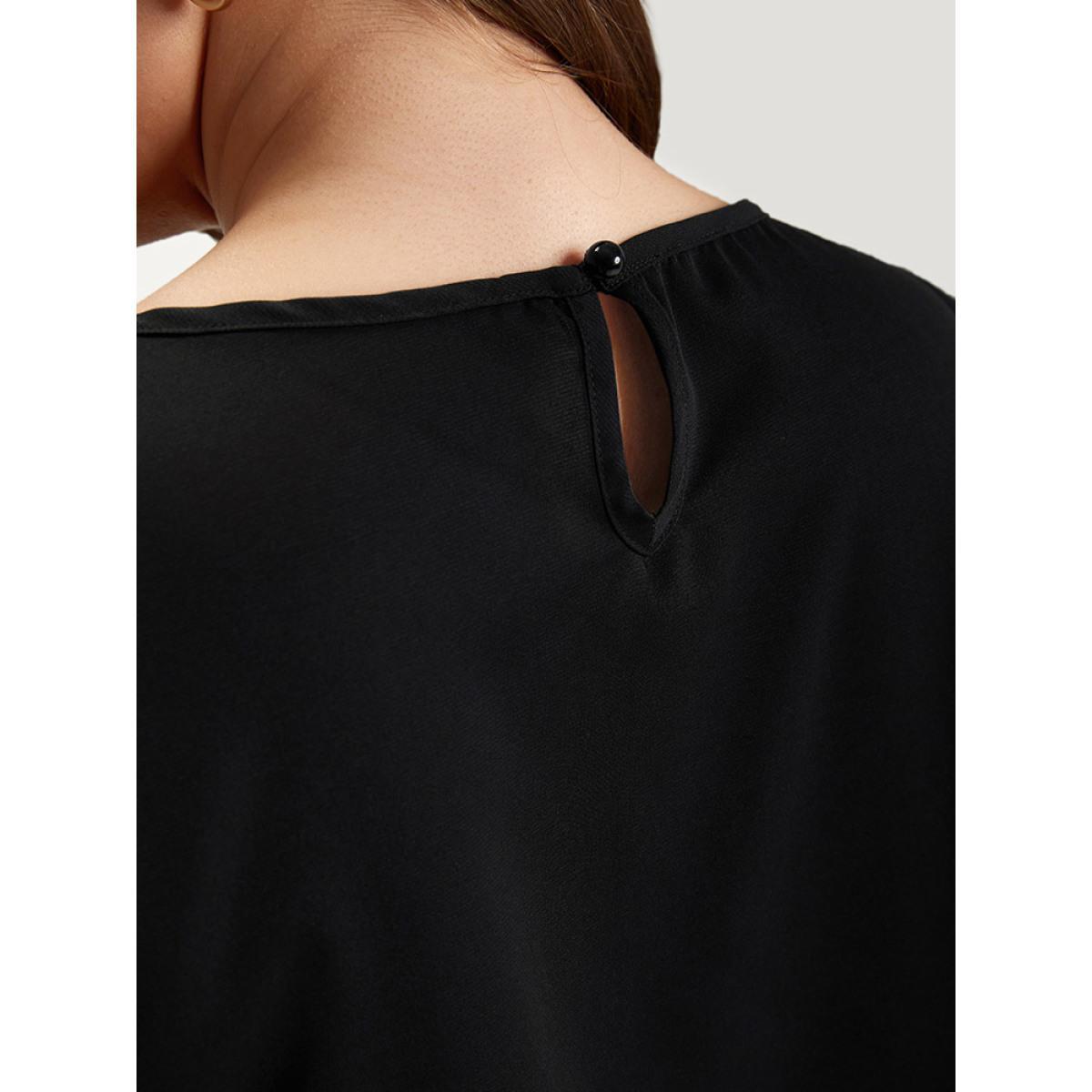 Plus Size Black Solid Crew Neck Ruffle Trim Blouse Women Office Cap Sleeve Round Neck Work Blouses BloomChic 26/4X Product Image