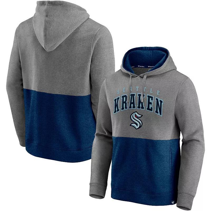 Mens Fanatics Branded Heathered Gray/Deep Sea Blue Seattle Kraken Block Party Classic Arch Signature Pullover Hoodie Product Image