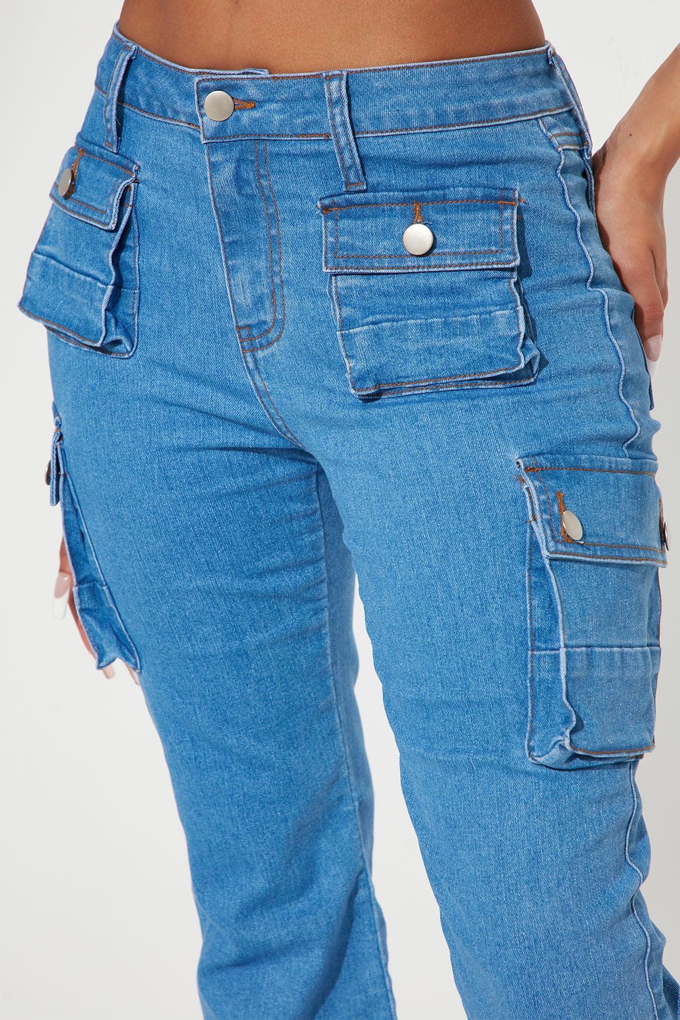 Late Nights Mid Rise Cargo Flare Jeans - Medium Blue Wash Product Image