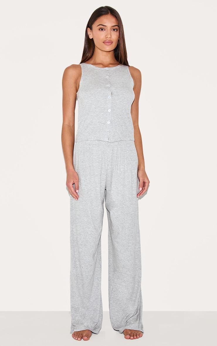 Grey Ribbed Button Vest Long Pj Set Product Image