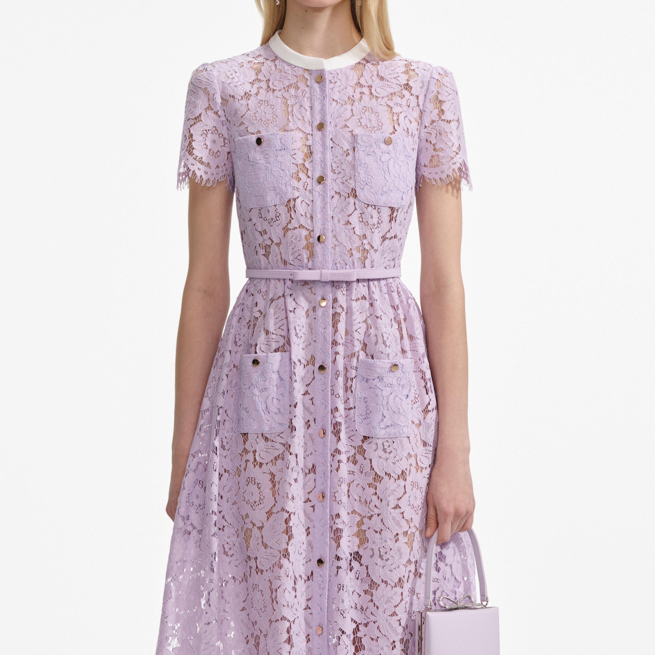 Lilac Lace Button Front Midi Dress Product Image