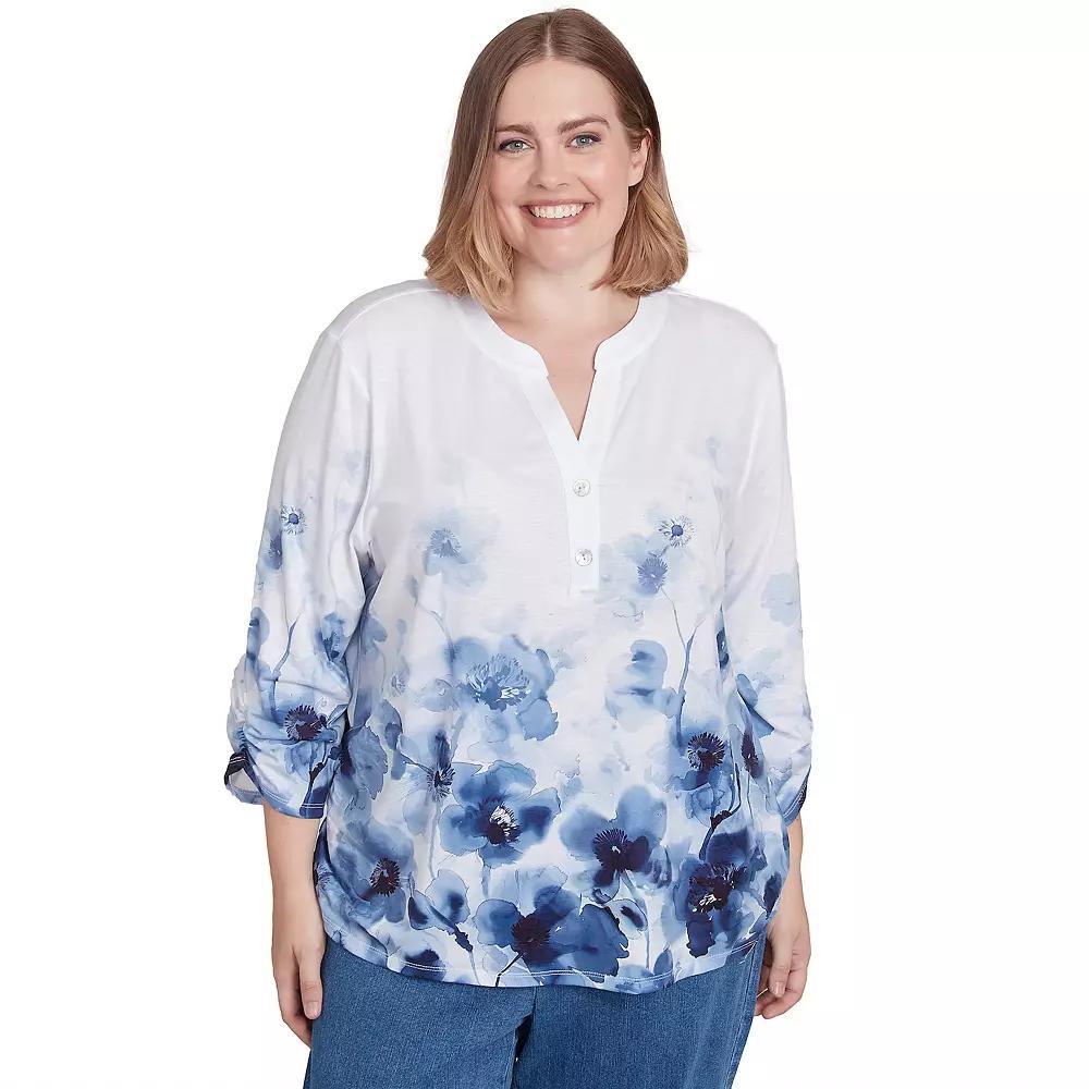 Plus Size Alfred Dunner Floral Border Ruched Sleeve Button Placket V-Neck Henley Top, Women's, Size: 3XL, Multi Blue Product Image