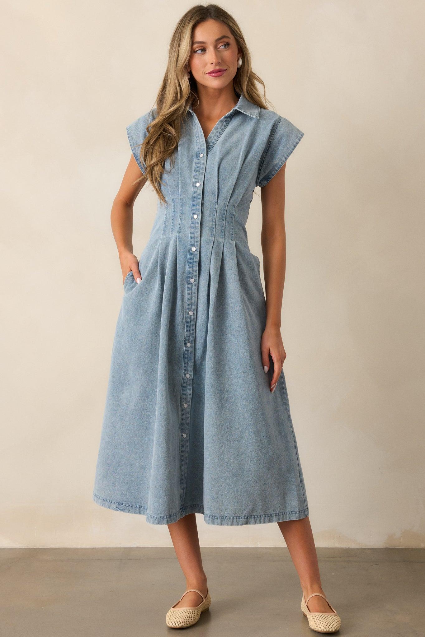 Classic Tea Party Light Wash Denim Button Front Pleated Midi Dress Product Image
