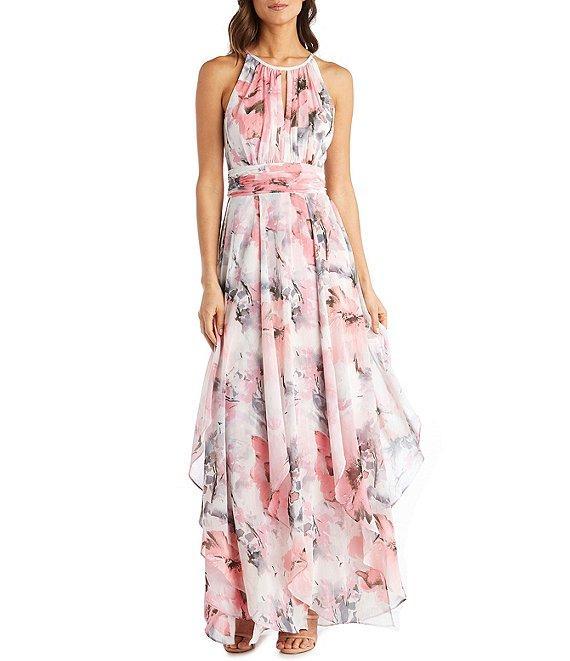 R & M Richards Halter Keyhole Neck Sleeveless Ruched Waist Floral Print Chiffon Gown Product Image