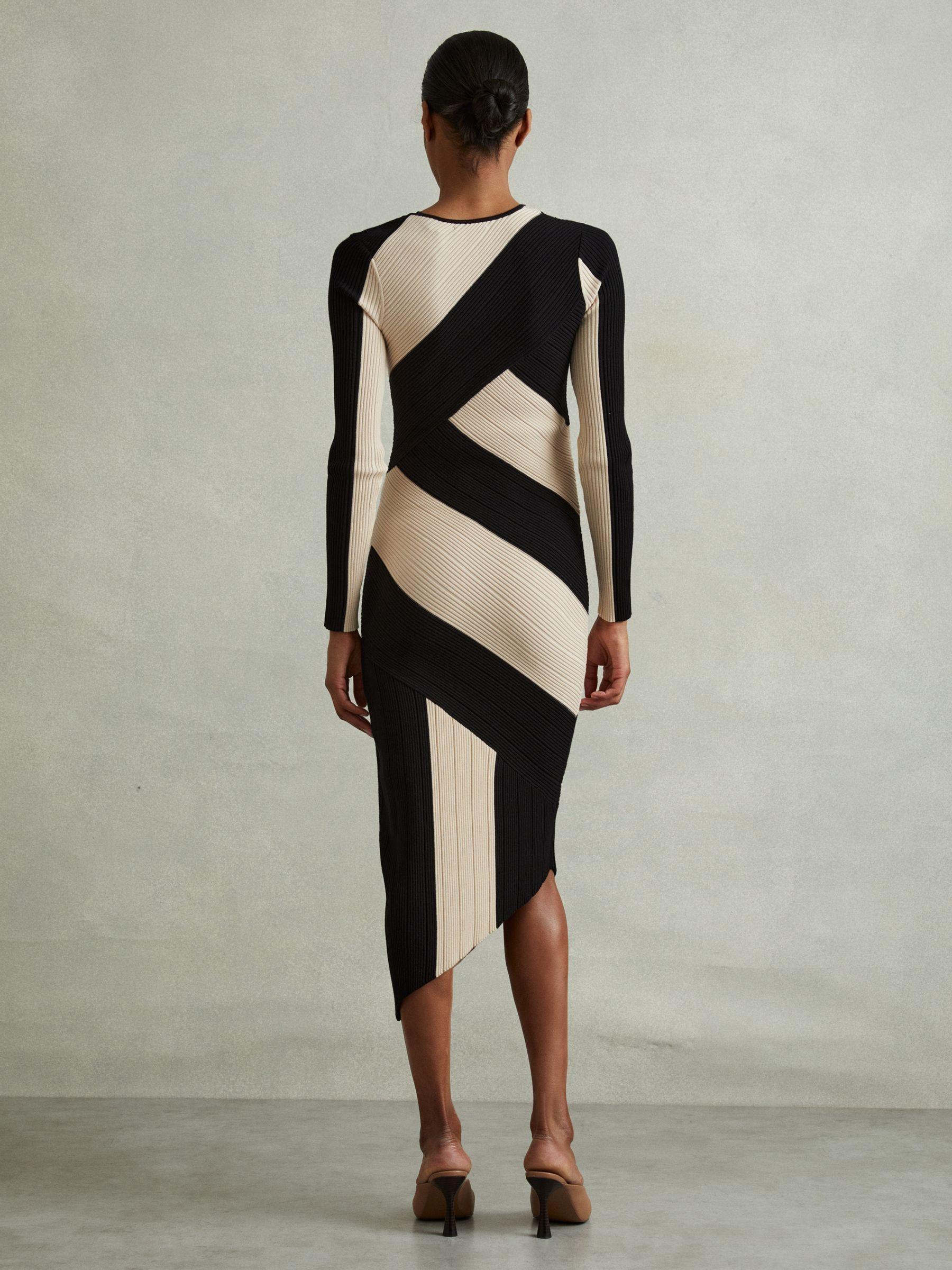 Knitted Colourblock Asymmetric Midi Dress in Black/Camel Product Image