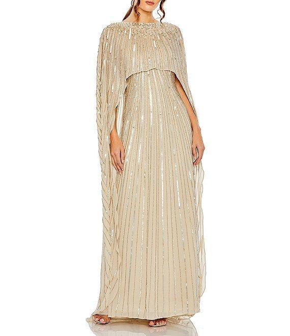 Mac Duggal Sequin Mesh Embellished Beaded Boat Neck Cape Sleeve Column Gown Product Image