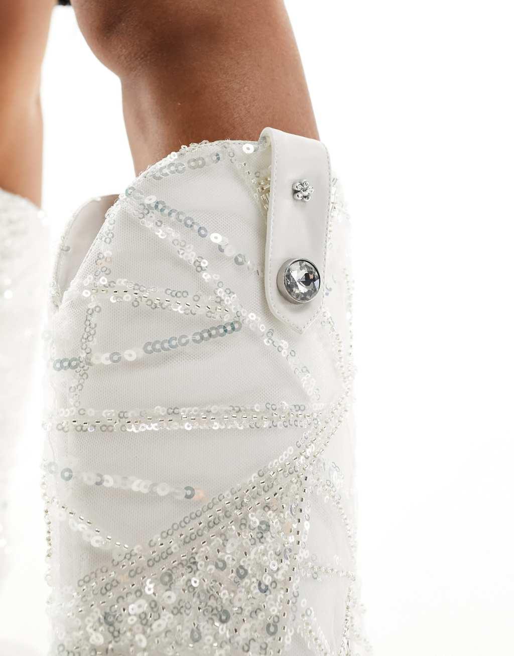 Azalea Wang Echoed embellished western boot in white Product Image