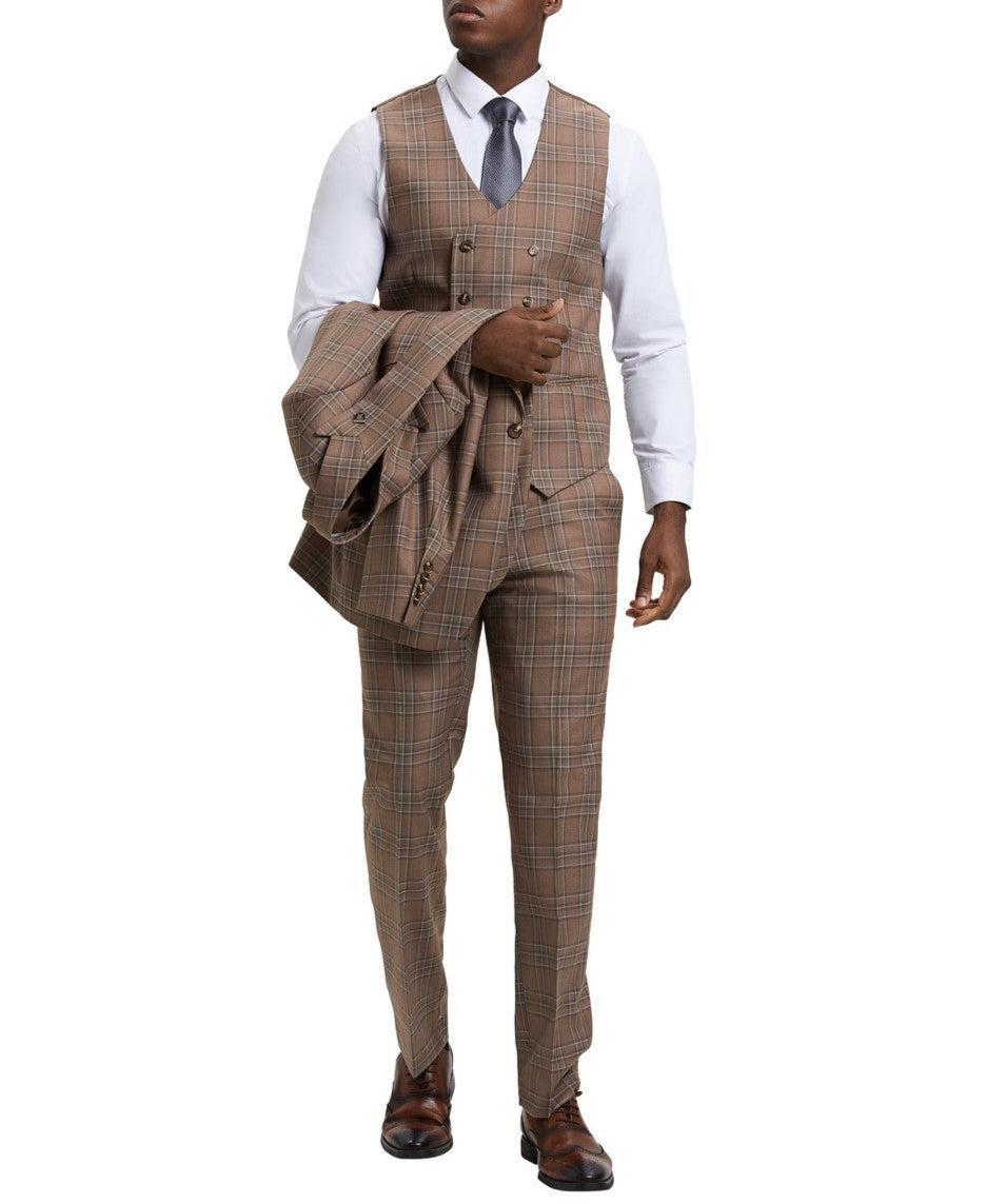 Stacy Adams - Brown 3 Piece 2 Button Plaid Peak Lapel Suit Product Image