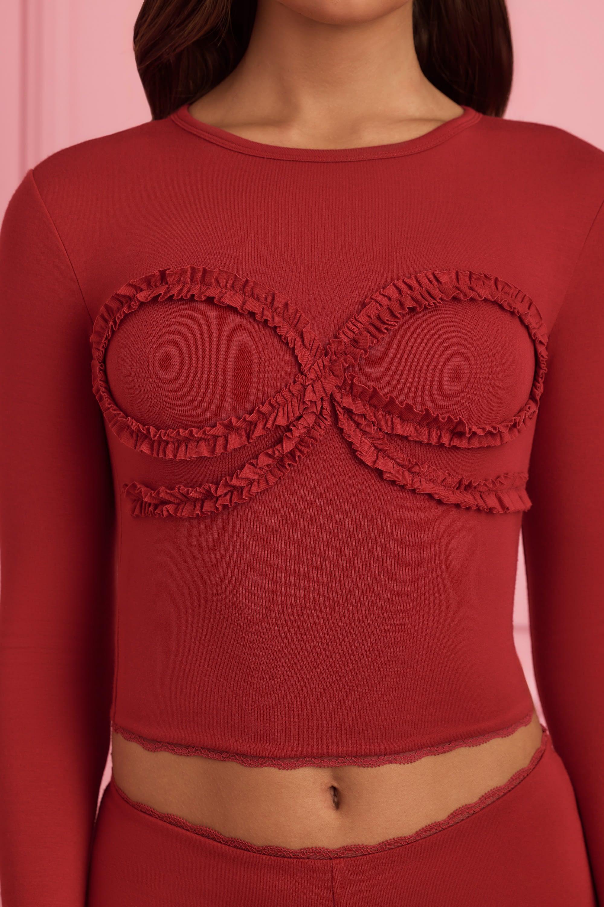 Lace-Trim Appliqué Pyjama Top in Ruby Red Product Image