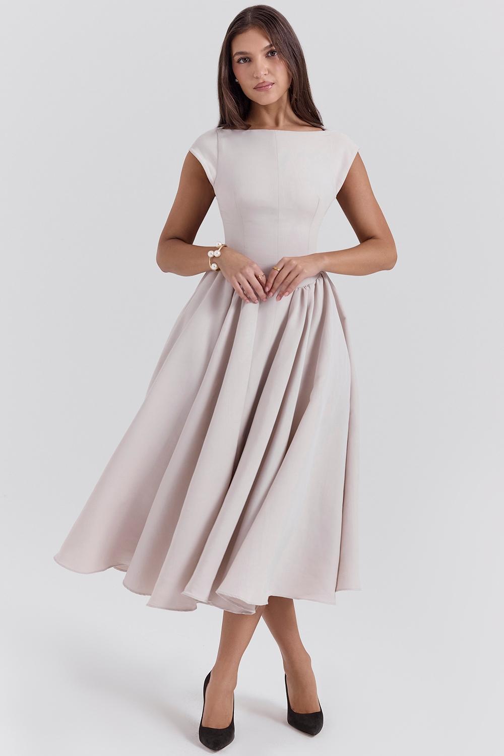 Debutante French Dove Moire Satin Backless Midi Dress Product Image