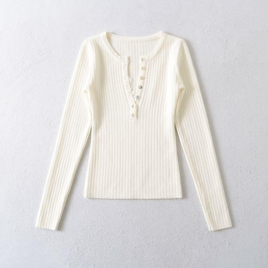 Long-Sleeve Plain Ribbed Henley Knit Top Product Image