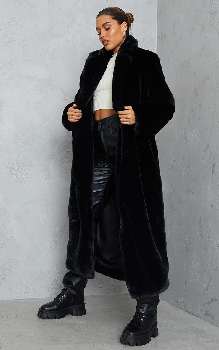 Black Faux Fur Plush Military Maxi Coat Product Image