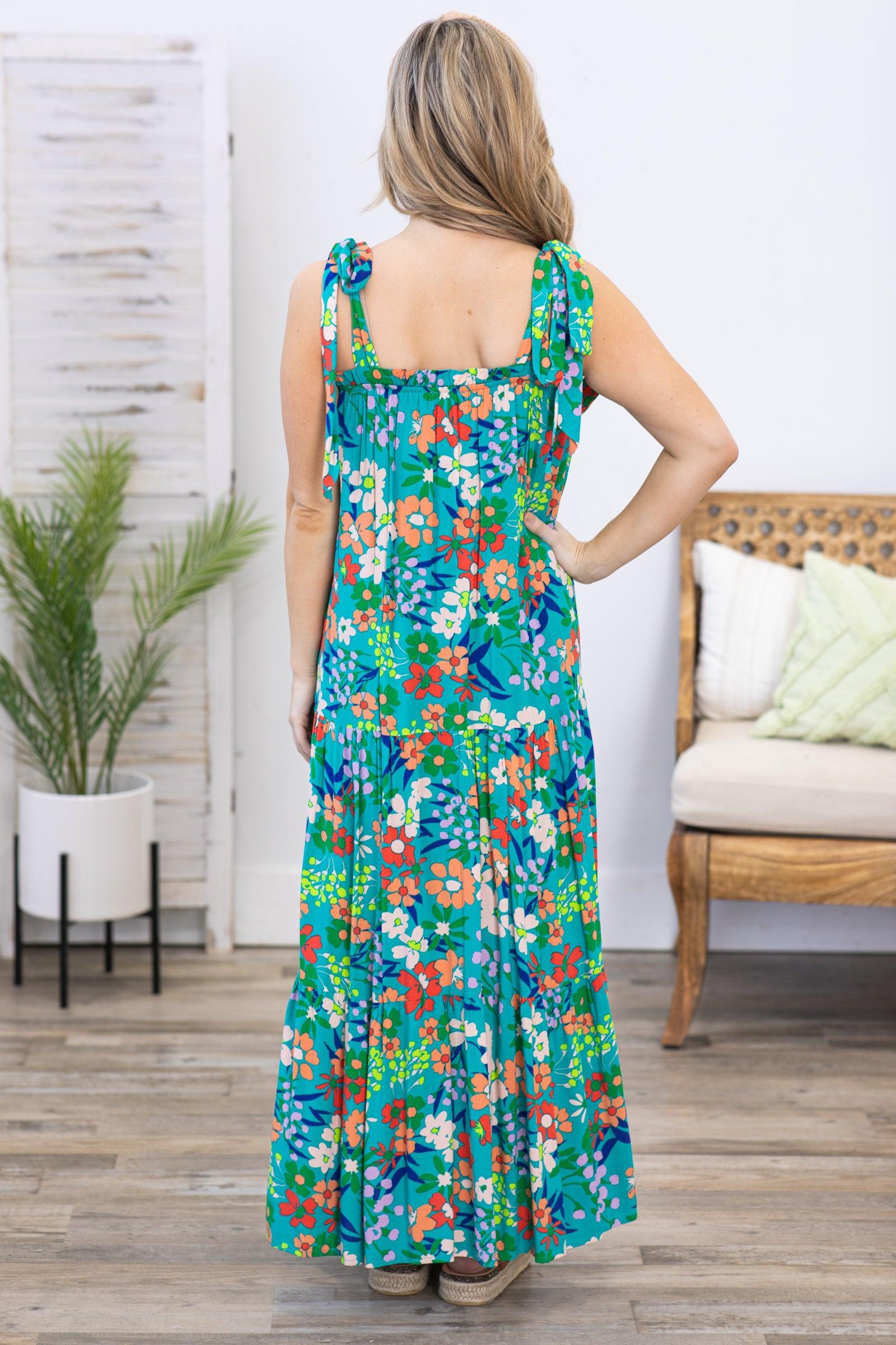 Teal Multicolor Floral Print Maxi Dress Product Image