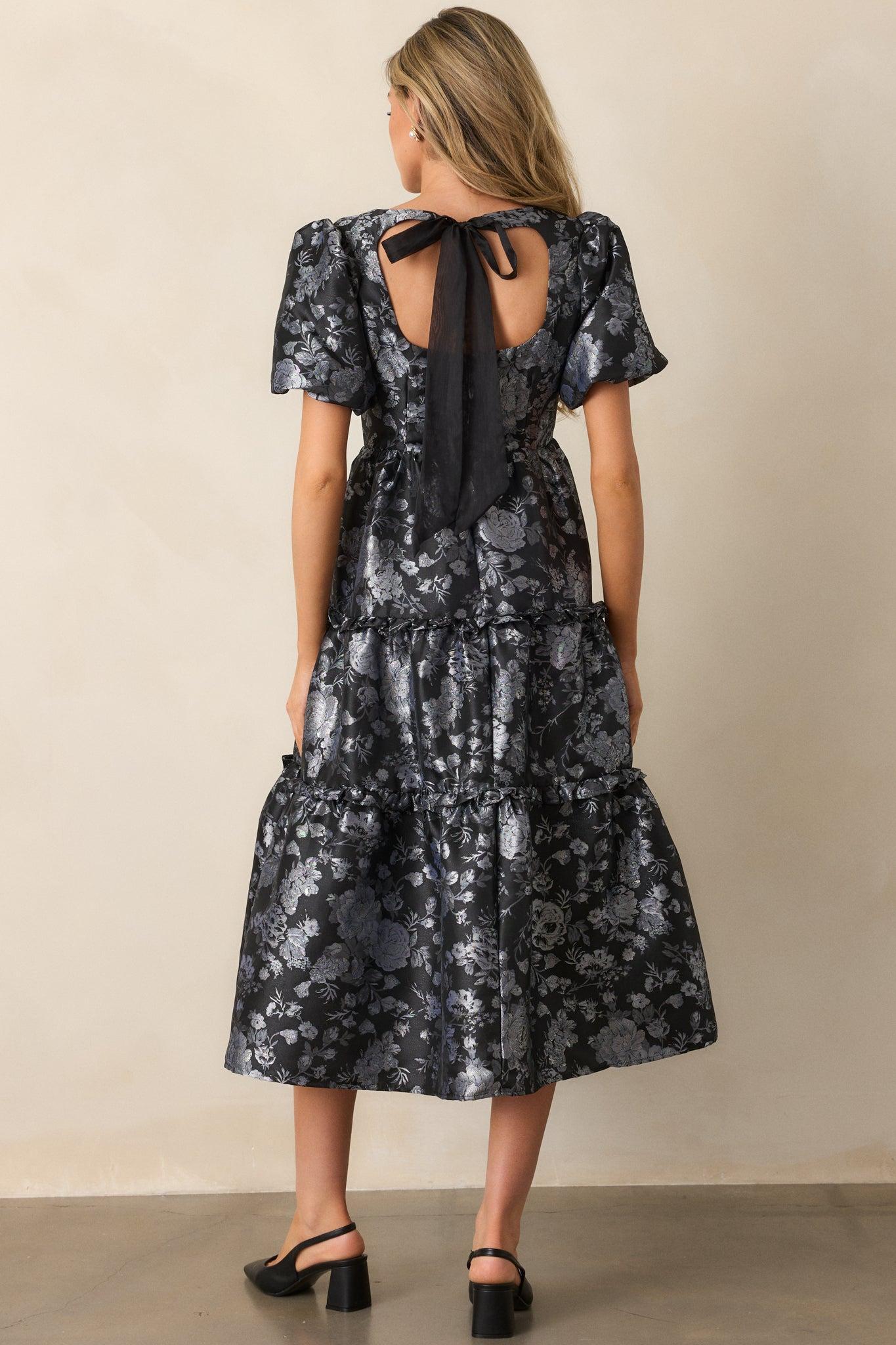 Follow My Lead Black Floral Jacquard Midi Dress Product Image