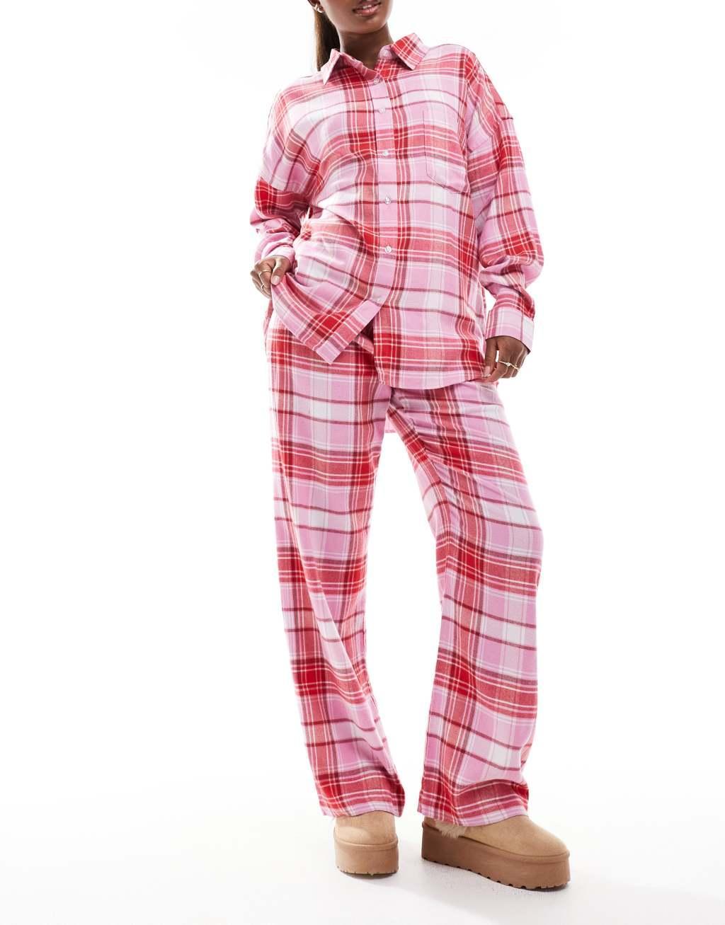 Cotton On relaxed flannel pajama bottoms in pink red plaid Product Image