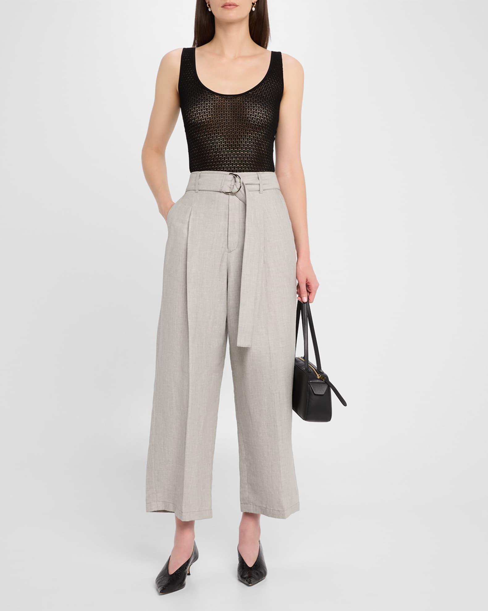Chambray Belted Wide-Leg Cropped Pants Product Image