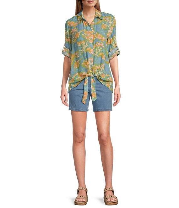 Intro Crinkle Gauze Printed Point Collar 3/4 Roll-Tab Sleeve Tie Front Hem Button Front Shirt Product Image