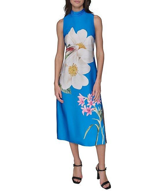 KARL LAGERFELD PARIS Satin Placement Floral Print Mock Neck Sleeveless Shift Midi Dress Product Image