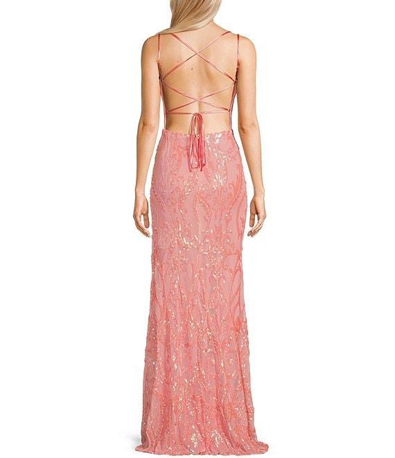 B. Darlin Sequin Patterned Straight Neck Double Spaghetti Strap Lace Up Back Dress Product Image