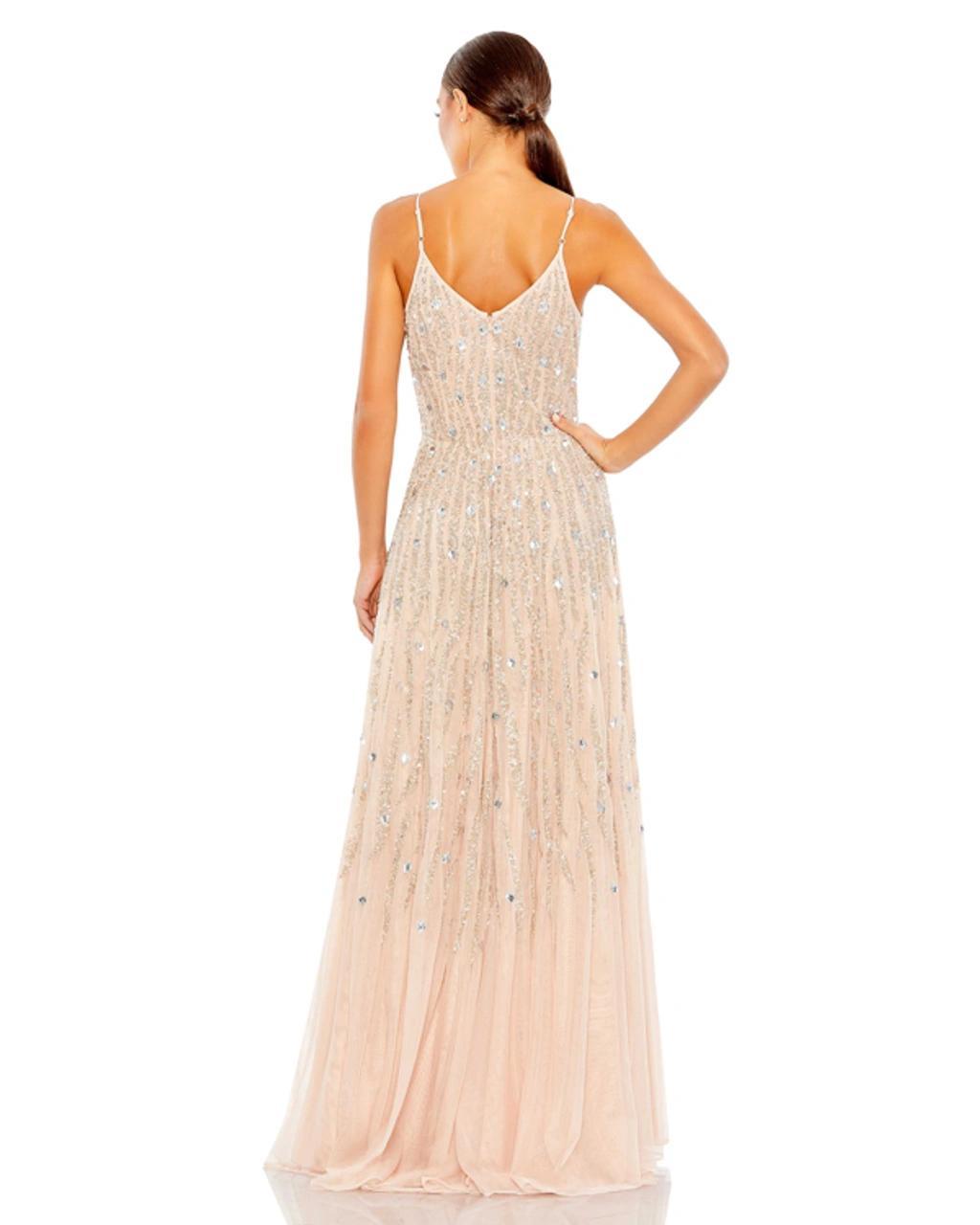 Embellished Tulle Spaghetti Strap Gown In Beige Product Image