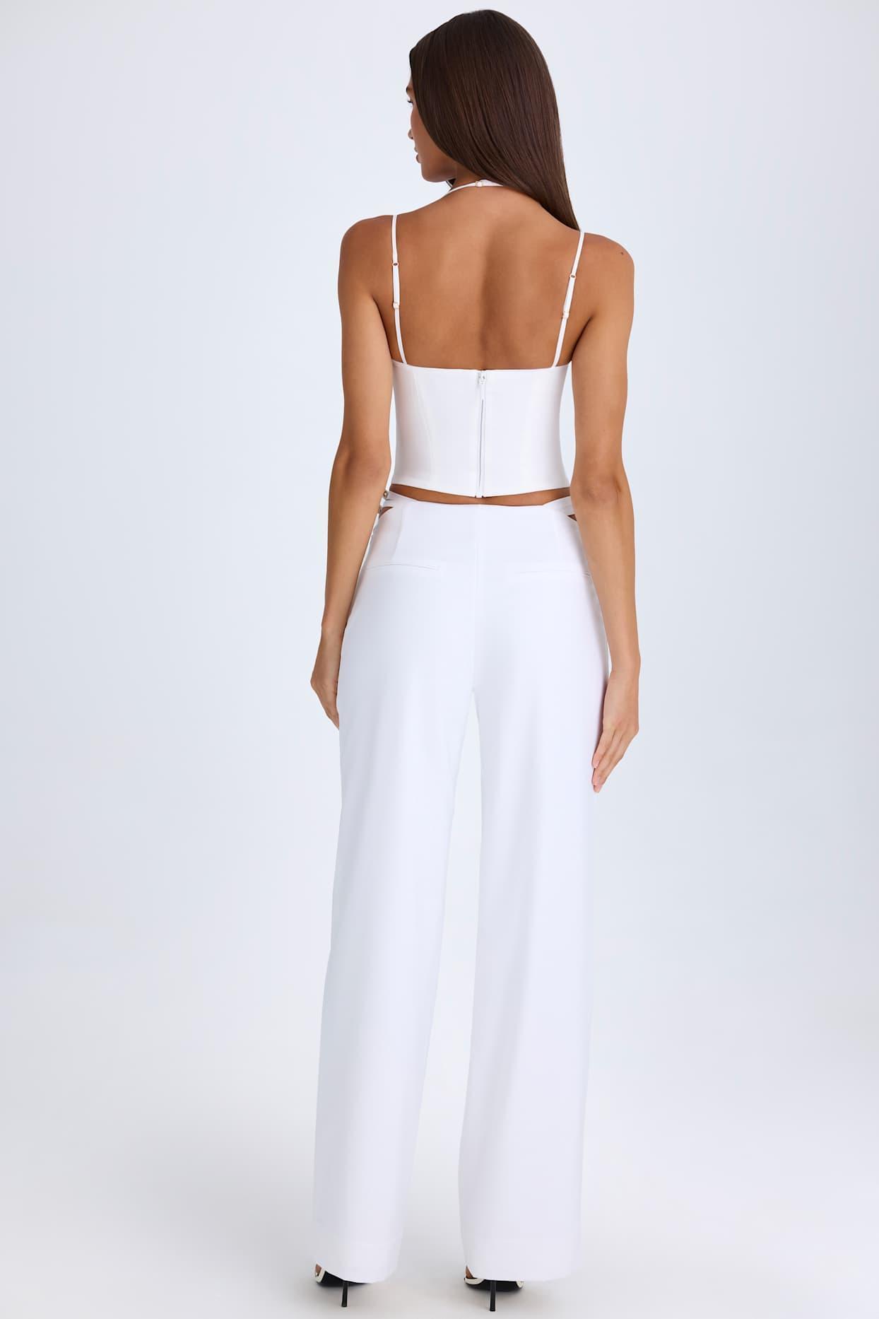 Belted Cut-Out Wide-Leg Trousers in White Product Image