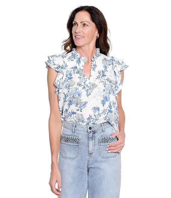 Tru Luxe Jeans Floral Linen Blend Ruffle Split V-Neck Flutter Sleeve Blouse Product Image