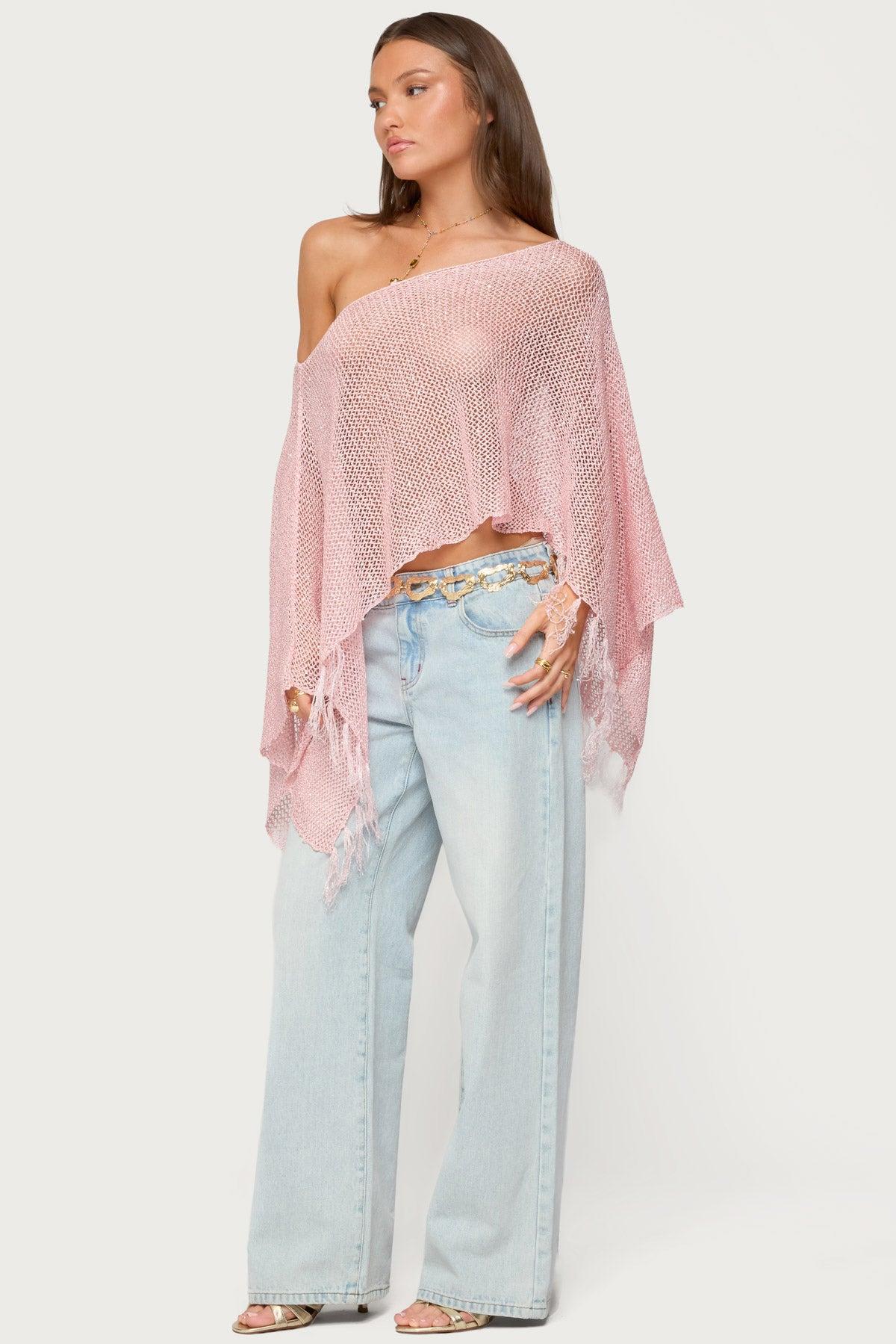 Sequin Fringe Knit Poncho Product Image