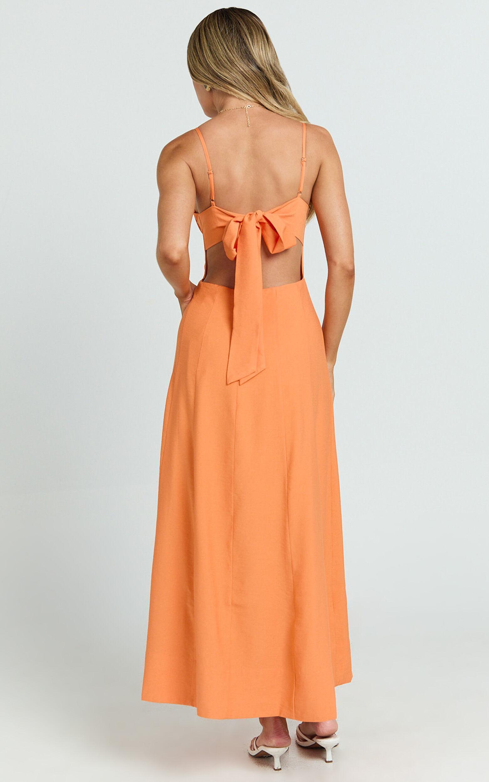 Amalie The Label - Ray Corset Panel Tie Back Midi Linen Blend Dress in Orange Product Image