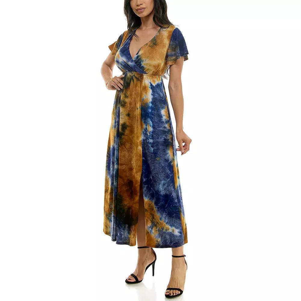 Women's Nina Leonard Tie Dye Print Flutter Sleeve V-Neck Maxi Dress, Size: Large, Blue Team Product Image