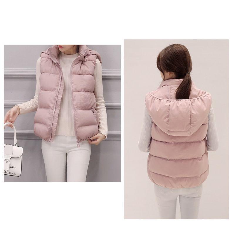 Stand Collar Plain Hooded Padded Zip Vest Product Image