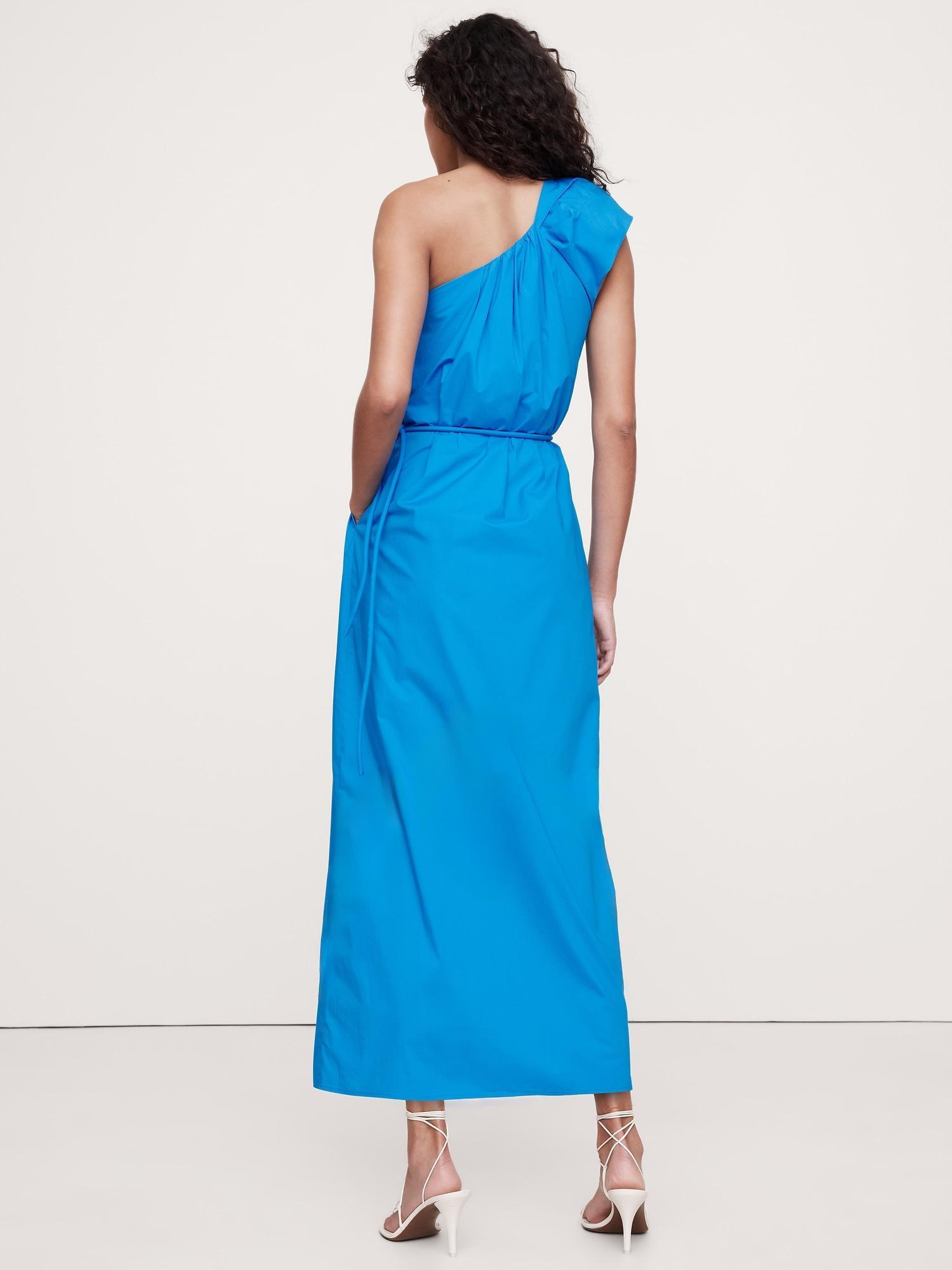 Ruched Cotton Poplin One-Shoulder Maxi Dress Product Image