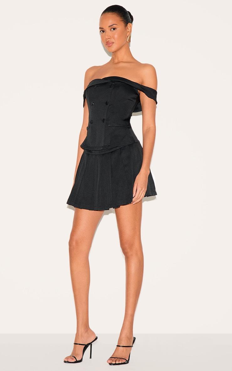 Black Tailored Button Detail Bardot Pleated Skort Romper Product Image