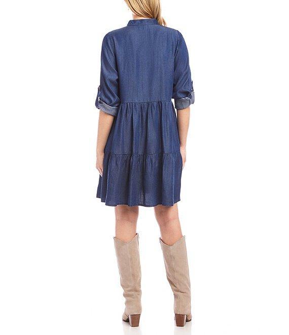 Karen Kane Chambray Roll Tab Sleeve Tiered Shirtdress Product Image