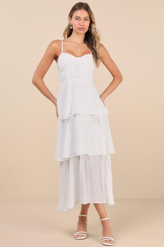 Cascading Crush White Tiered Bustier Midi Dress Product Image