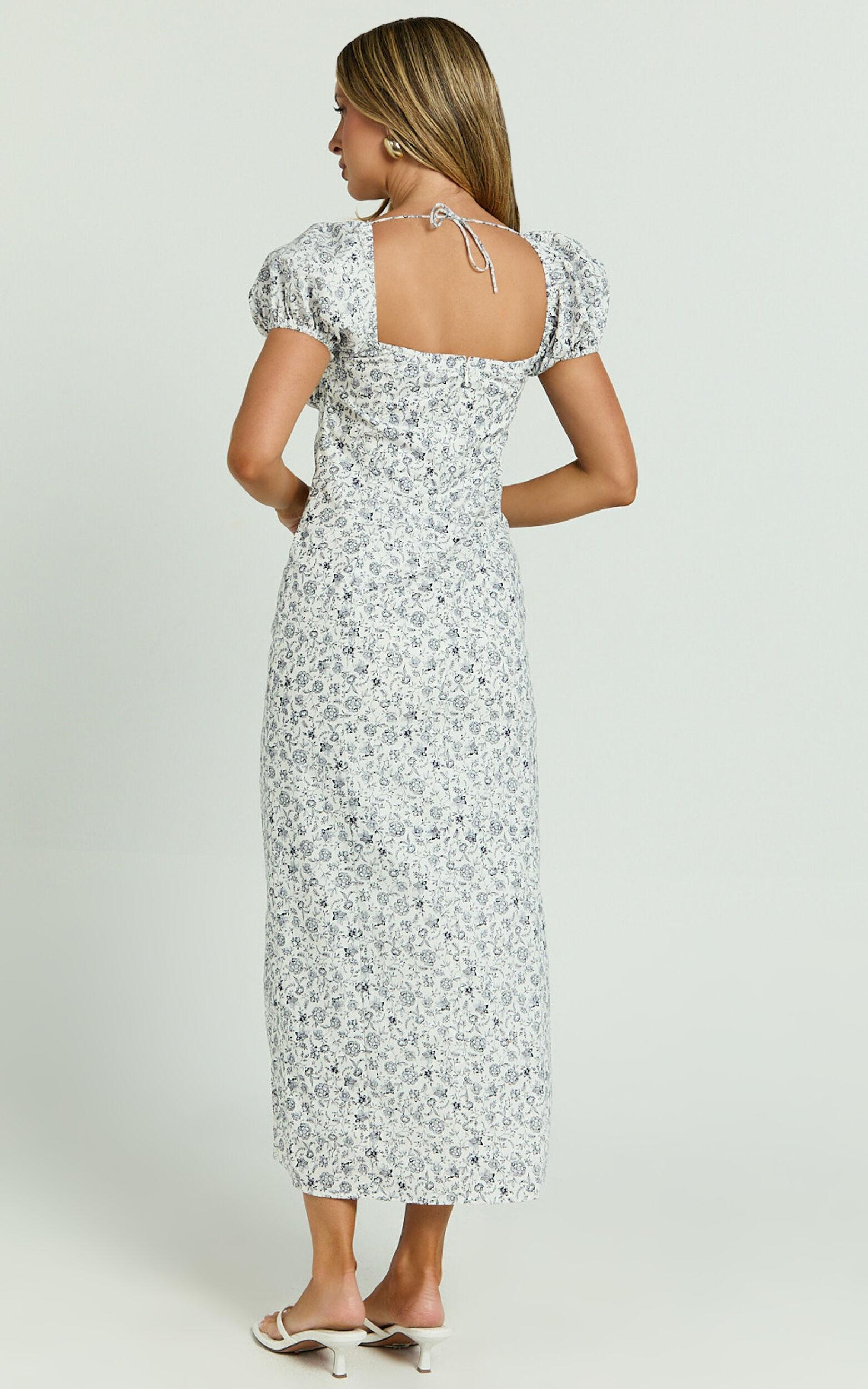 Leila Midi Dress - Puff Sleeve High Split Dress in White/Blue Product Image