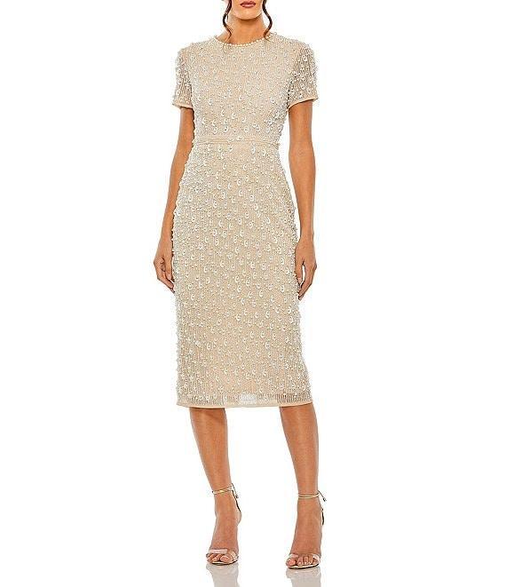 Mac Duggal Round Neck Short Sleeve Embellished Sheath Midi Dress Product Image