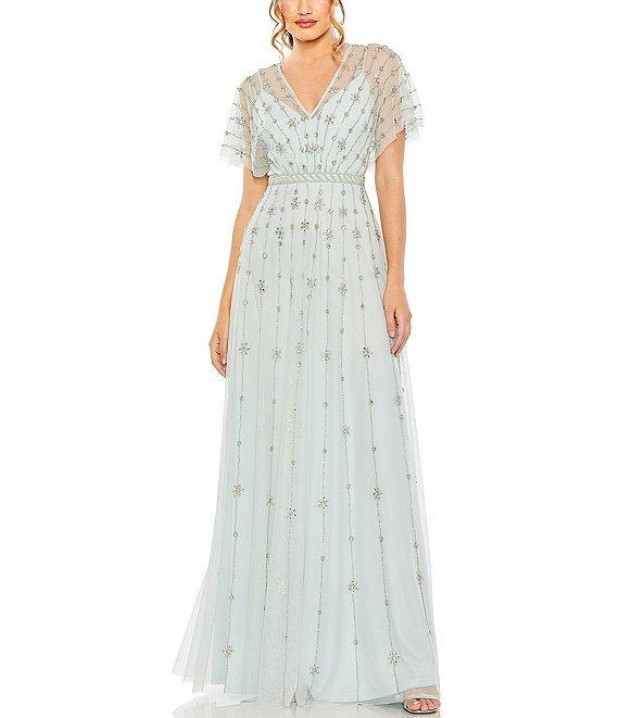 Mac Duggal Beaded V-Neck Short Flutter Sleeve A-Line Gown Product Image