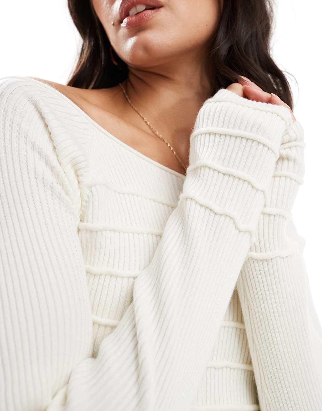 ASOS DESIGN knit off the shoulder bardot top with stitch detail in cream Product Image