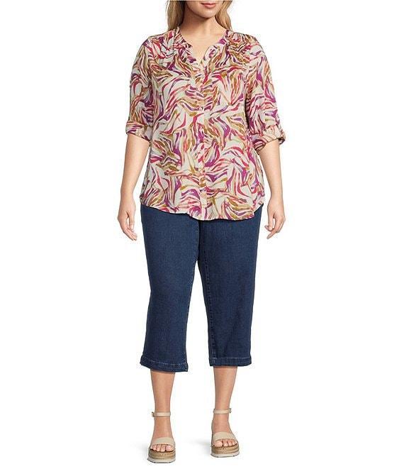 Intro Plus Size Woven Cattleya Split V-Neck 3/4 Roll-Tab Sleeve Button Front Shirt Product Image