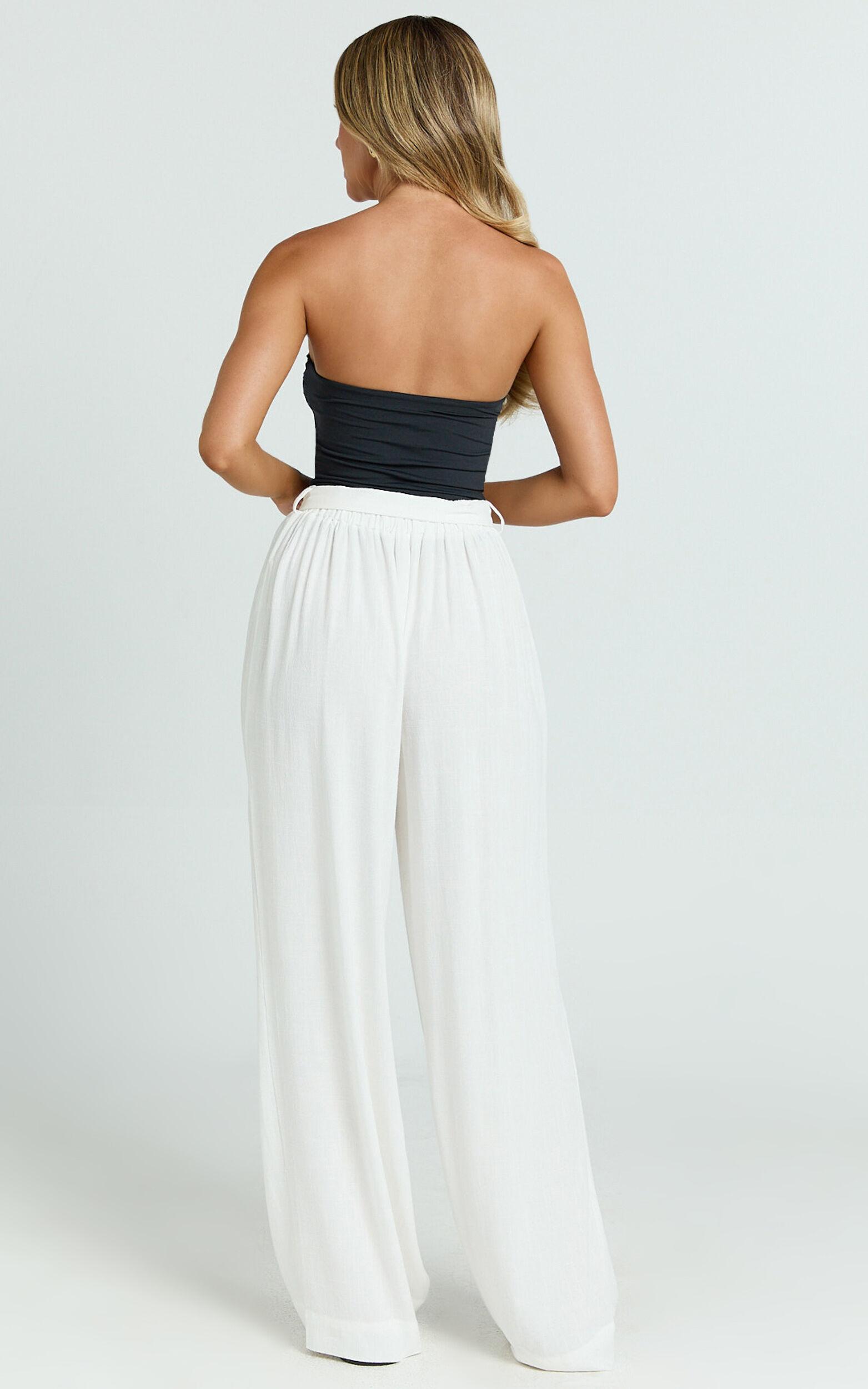 Kalli Pants - Linen Look Belted Wide Leg Relaxed Pants in White Product Image