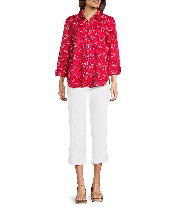 Ali Miles Woven Allover Star Print Point Collar 3/4 Cuffed Sleeve Button Front Tunic Product Image