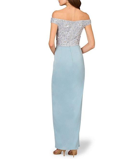 Aidan Mattox Beaded Mesh Off-The-Shoulder Cap Sleeve Satin Column Dress Product Image