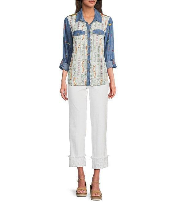 John Mark Embroidered Printed Point Collar Long Roll-Tab Sleeve Button-Front Top Product Image