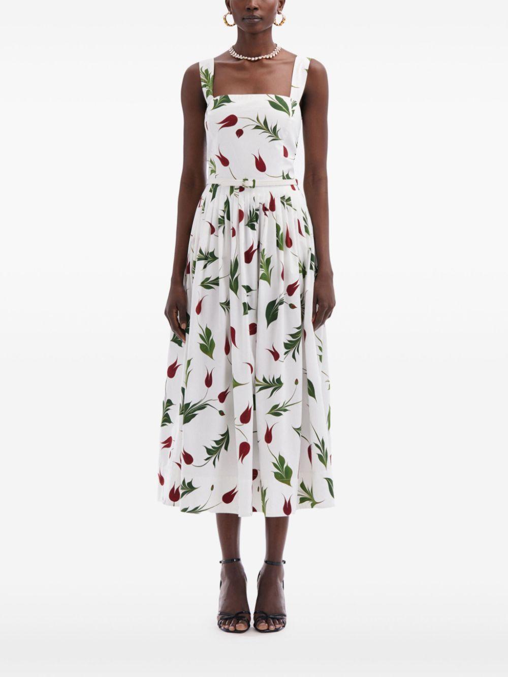 OSCAR DE LA RENTA Marbled Tulip Cotton Poplin Dress In White Multi Product Image