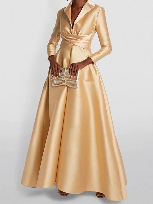 A-Line High Waisted Pleated Solid Color V-Neck Maxi Dresses Product Image