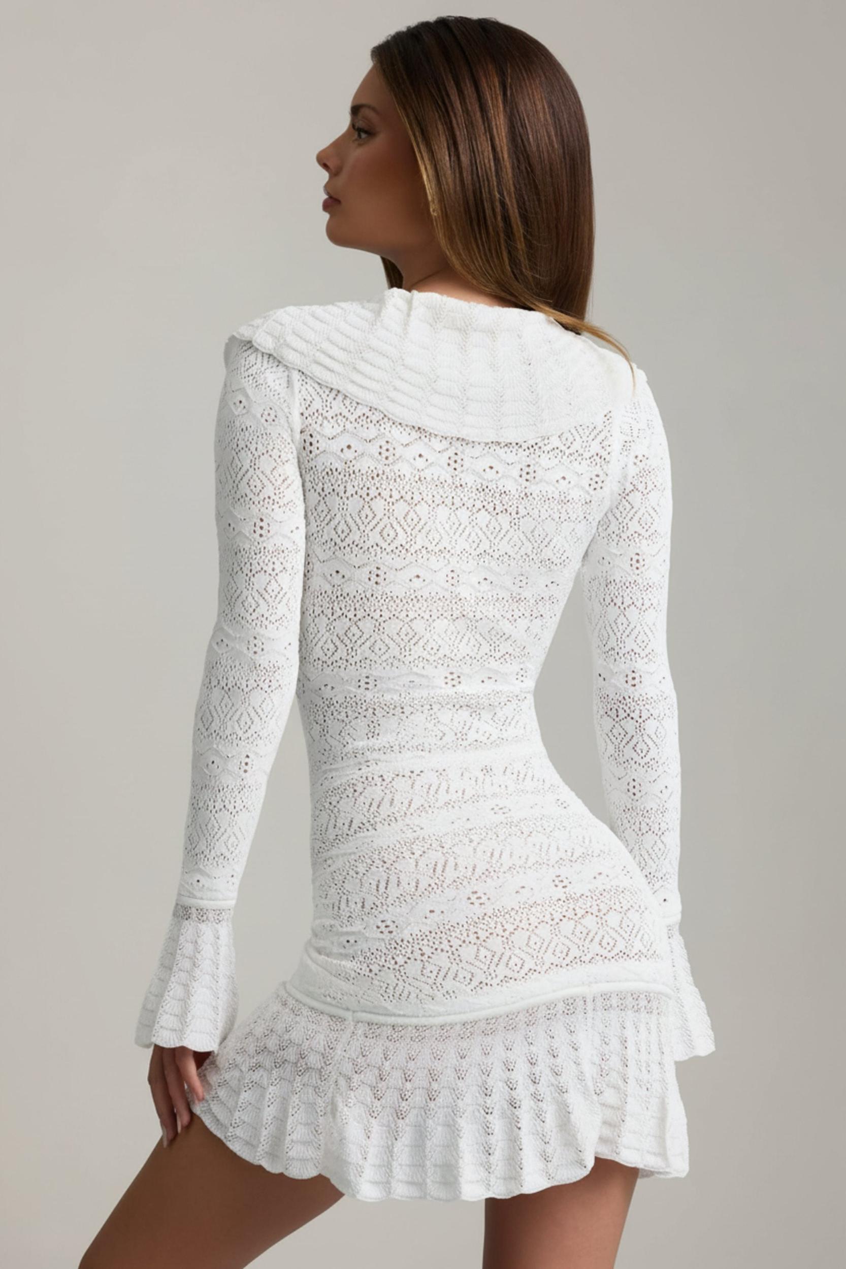 Ruffle-Trim Pointelle-Knit Mini Dress in White Product Image