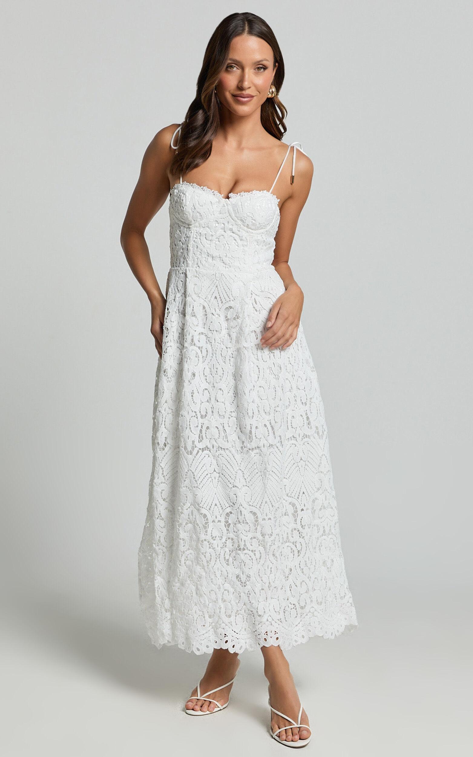 Leanne Midi Dress - Tie Shoulder Corset Lace Dress in White Product Image