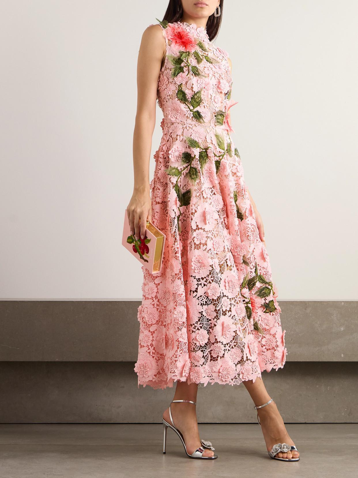 OSCAR DE LA RENTA Hibiscus Embroidered Sleeveless Floral Guipure Lace Midi Dress In Soft Pink Product Image