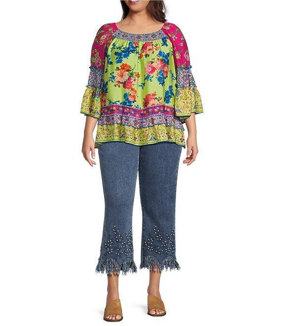 John Mark Plus Size Woven Mixed Print Scoop Neck 3/4 Flounce Sleeve Blouse Product Image